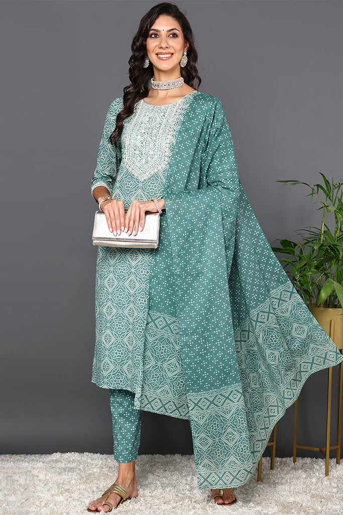 Women's Green Cotton Bandhani Printed Kurta Pant With Dupatta