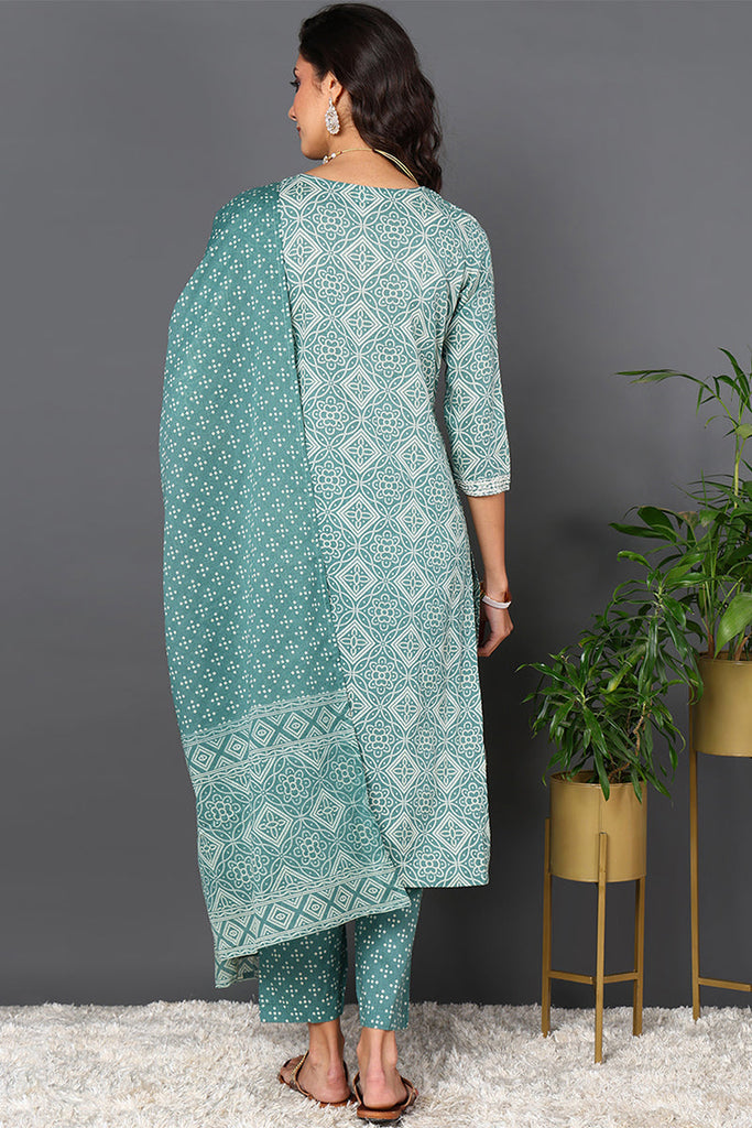 Women's Green Cotton Bandhani Printed Kurta Pant With Dupatta