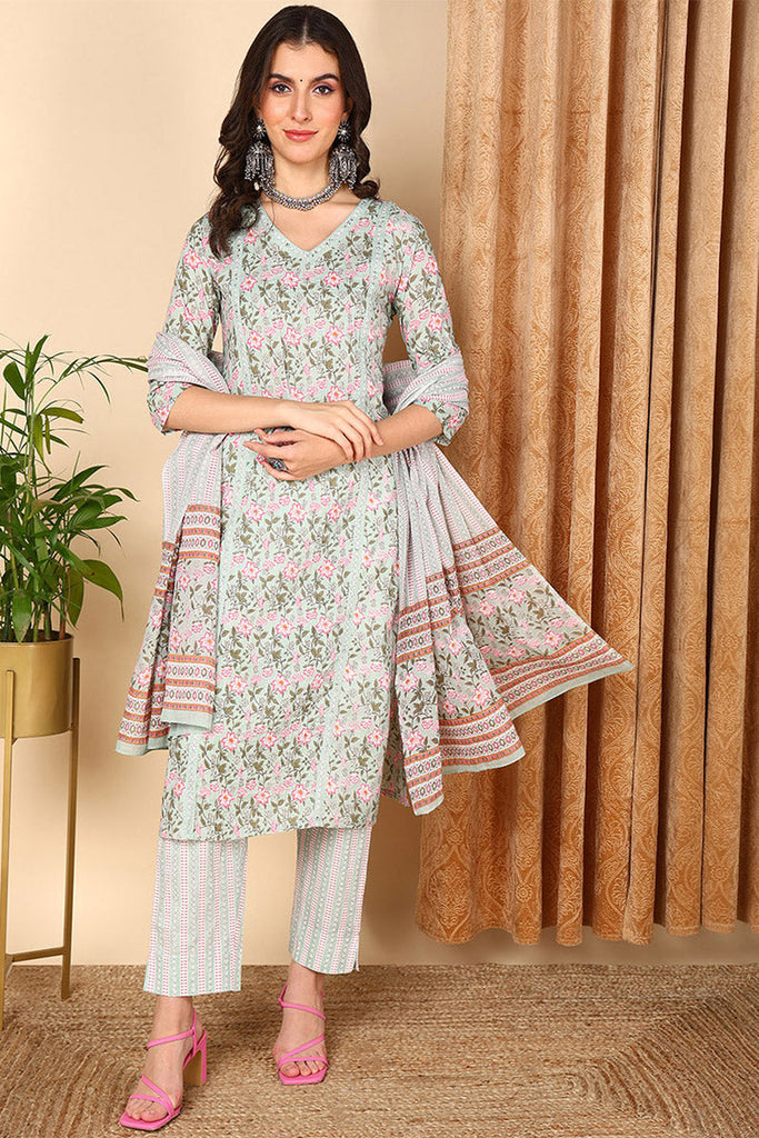 Women's Sea Green Cotton Floral Printed Kurta Pant With Dupatta