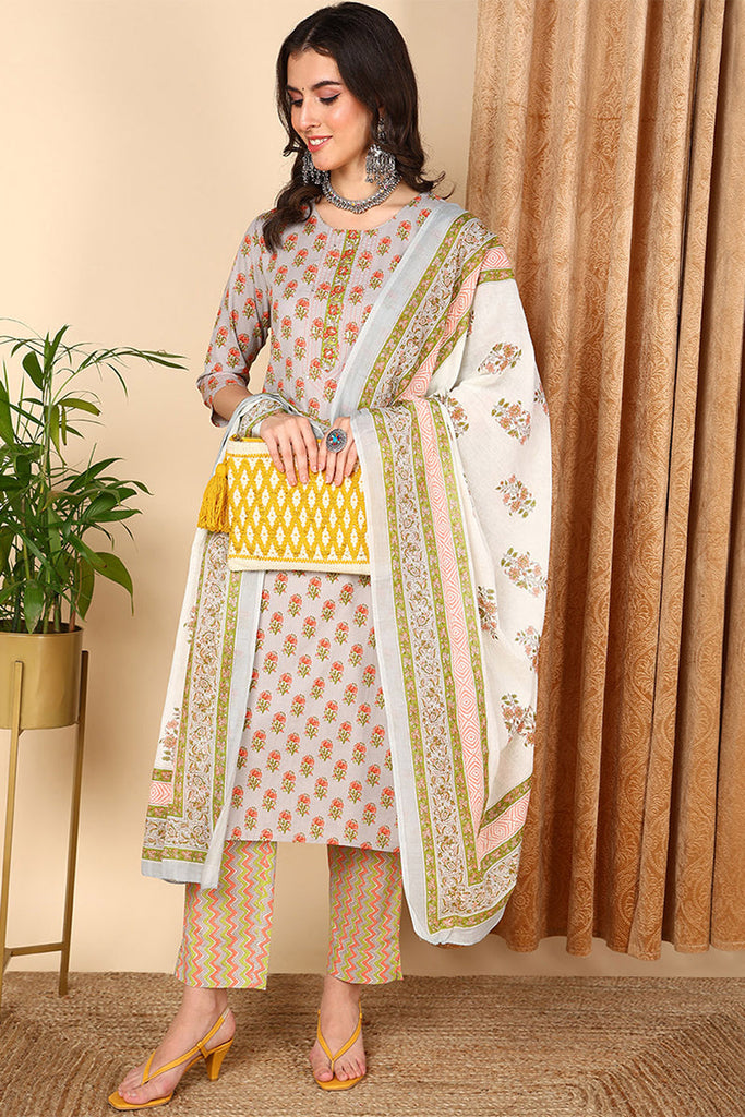 Women's Grey Cotton Ethnic Motifs Printed Kurta Pant With Dupatta