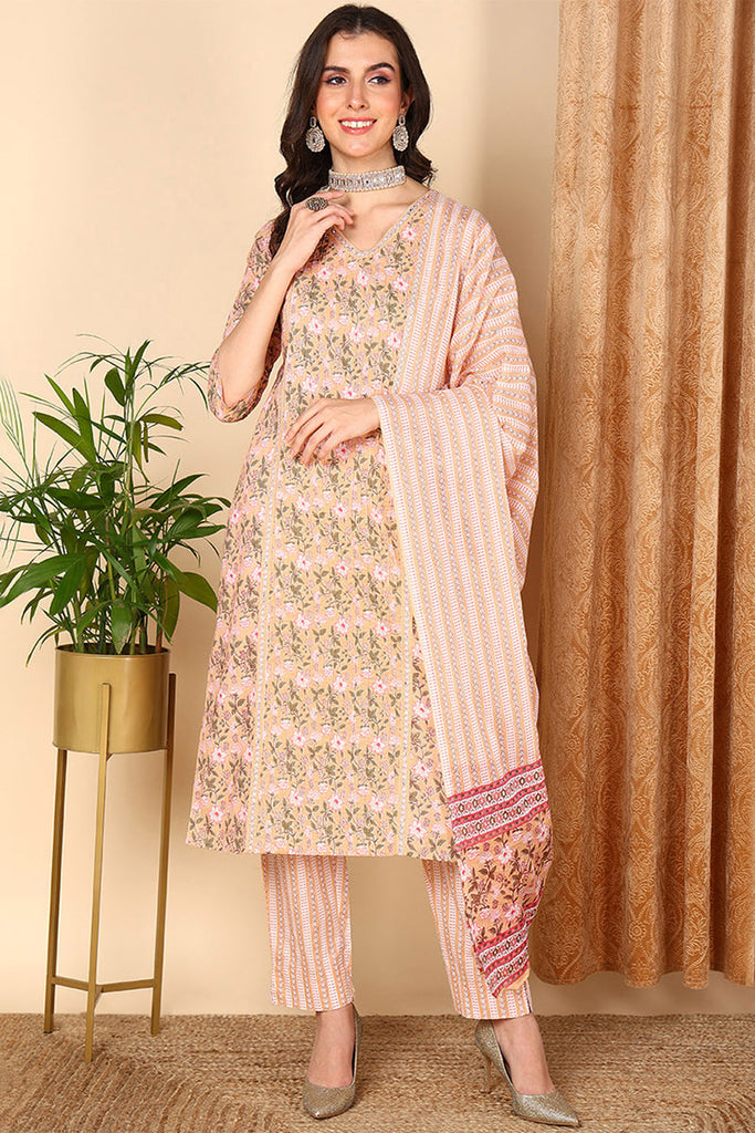 Women's Peach Cotton Floral Printed Kurta Pant With Dupatta