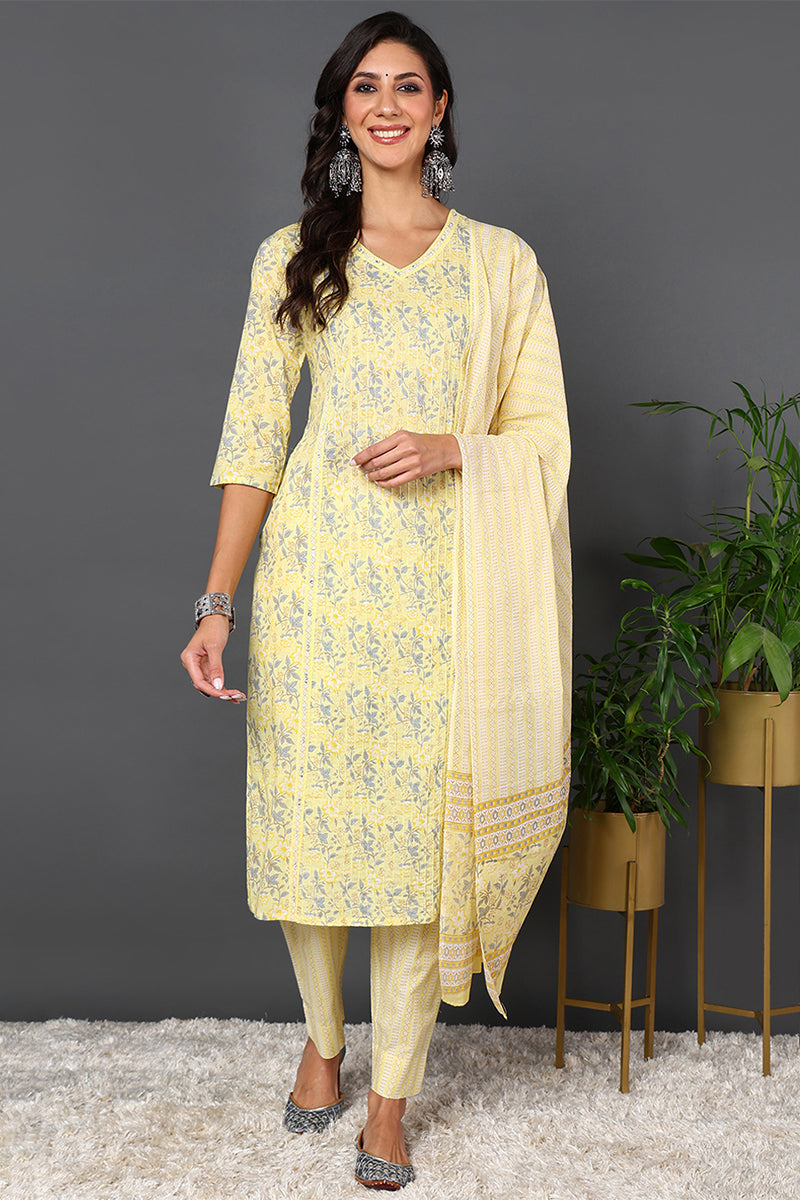 Women's Yellow Pure Cotton Floral Printed Kurta Pant With Dupatta  - Ahika