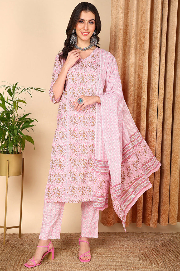 Women's Pink Cotton Floral Printed Kurta Pant With Dupatta