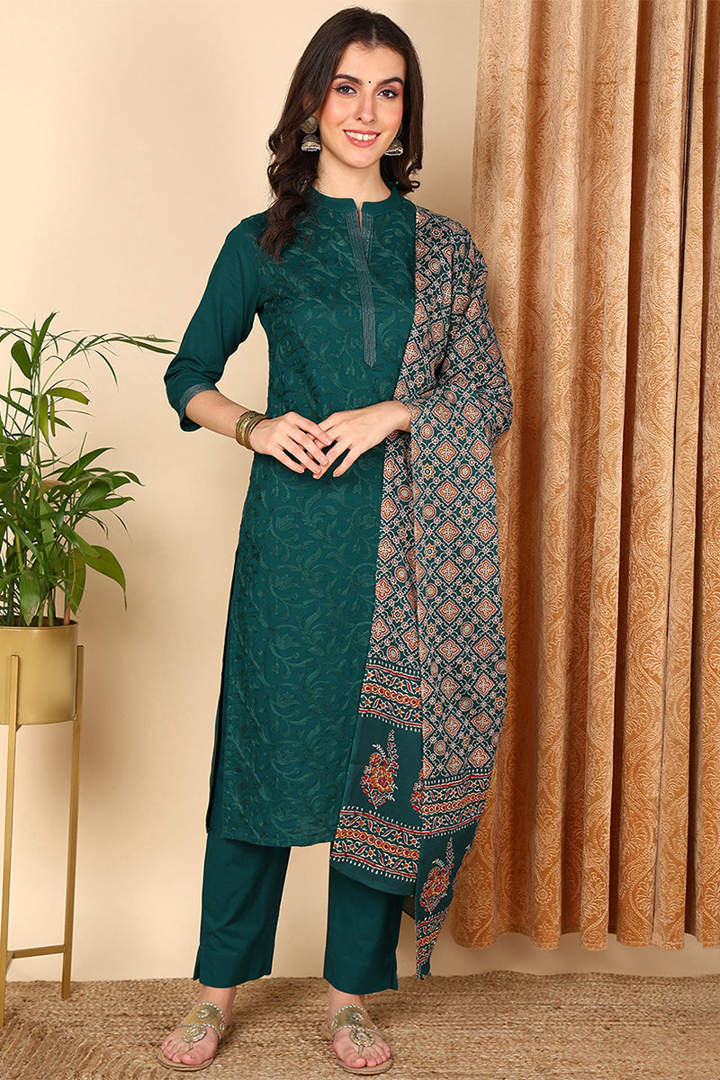 Women's Teal Pure Cotton Solid Embroidered Kurta Pant With Dupatta  - Ahika