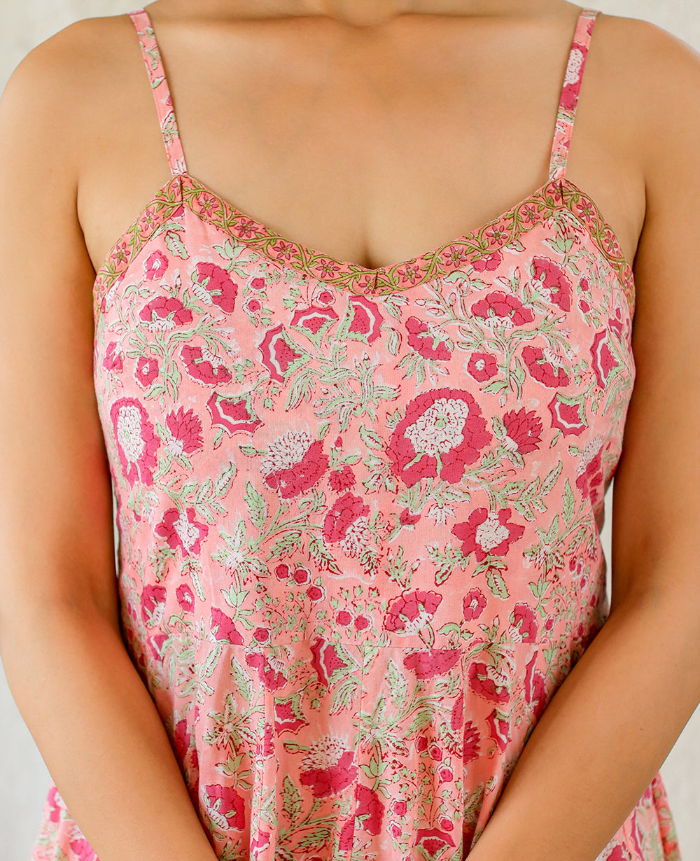 Women's Floral Pink Hand Block Print Sleeveless Dress - KAAJH