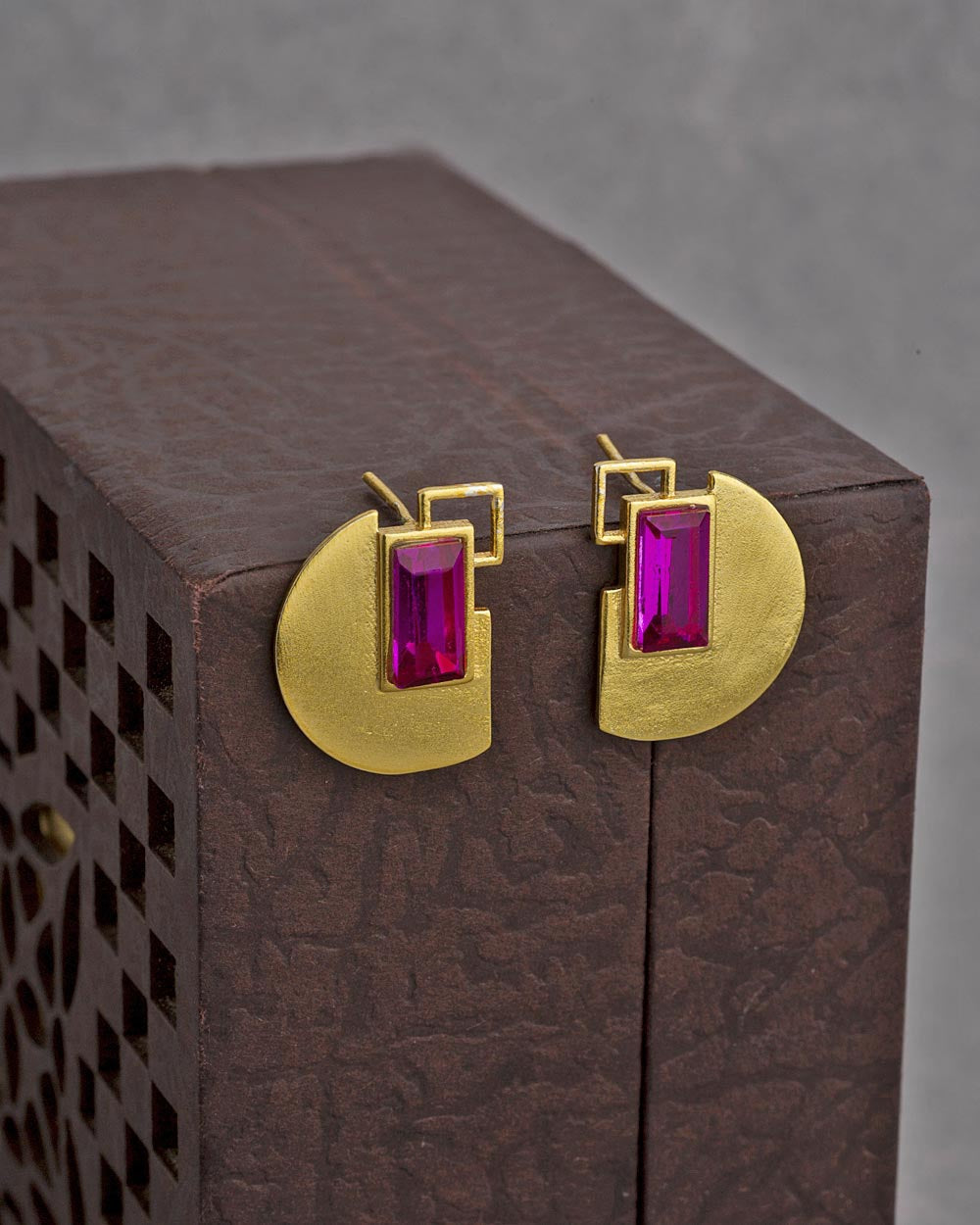 Women's Pink Stone Studded Geomatrix Stud Earrings - Voylla