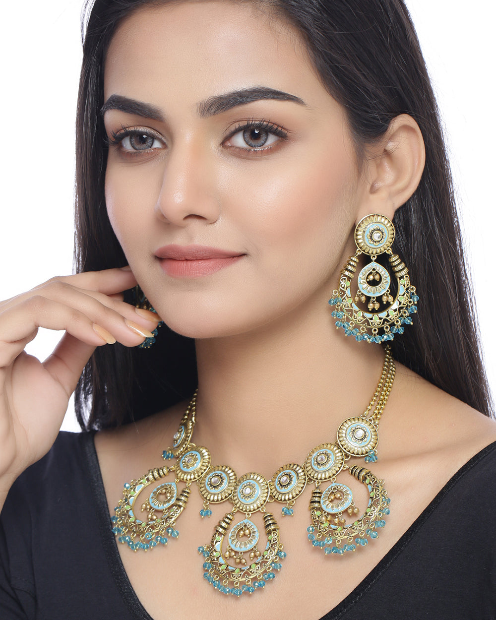Women's Gwalior Chandbali Drops Gold Toned Necklace Set - Voylla