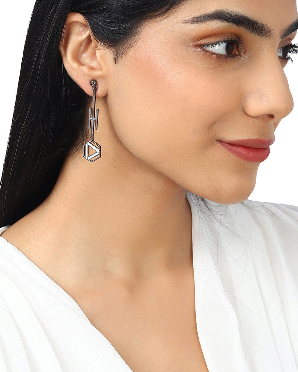 Women's Benzene Black Rhodium Brass Earrings - Voylla
