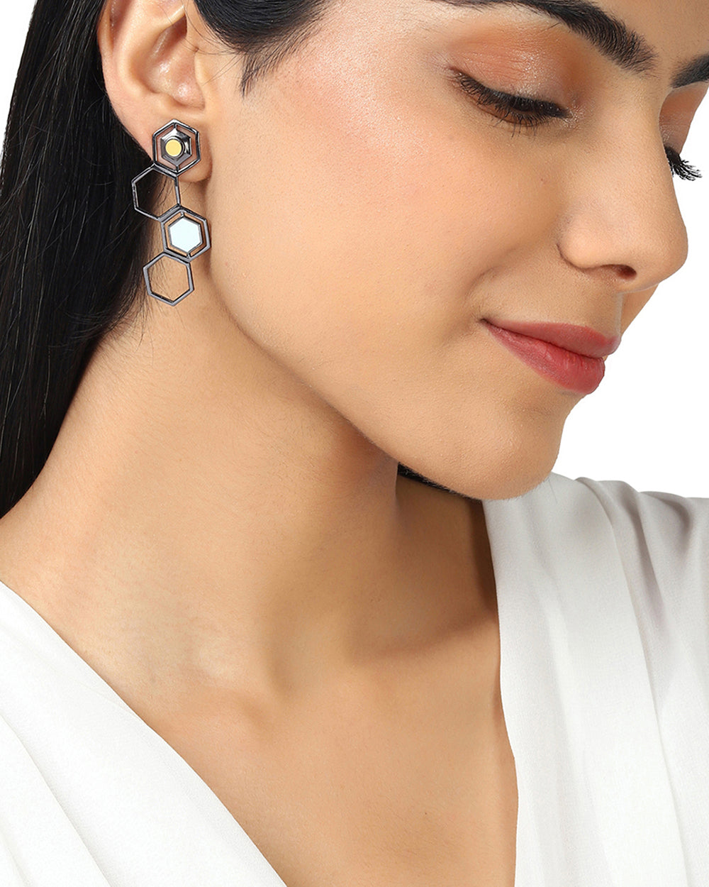 Women's Benzene Black Rhodium Brass Earrings - Voylla