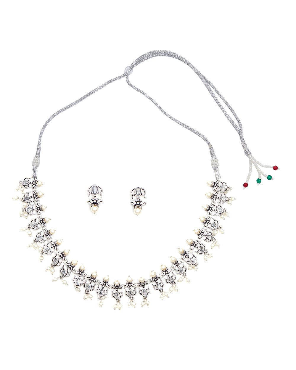 Women's Apsara Faux Pearls Adorned Silver Plated Brass Jewellery Set - Voylla