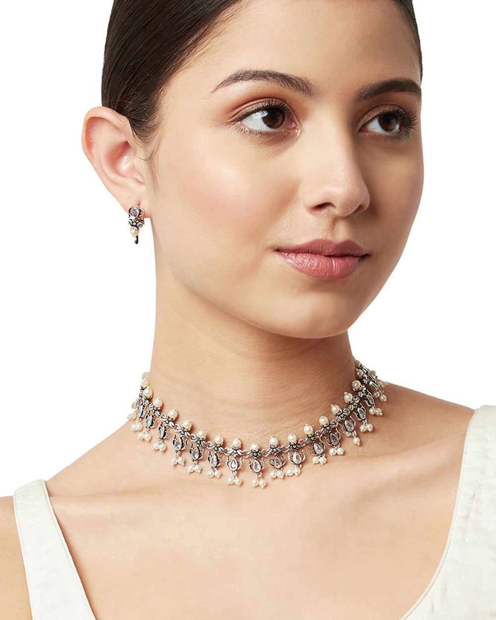 Women's Apsara Faux Pearls Adorned Silver Plated Brass Jewellery Set - Voylla