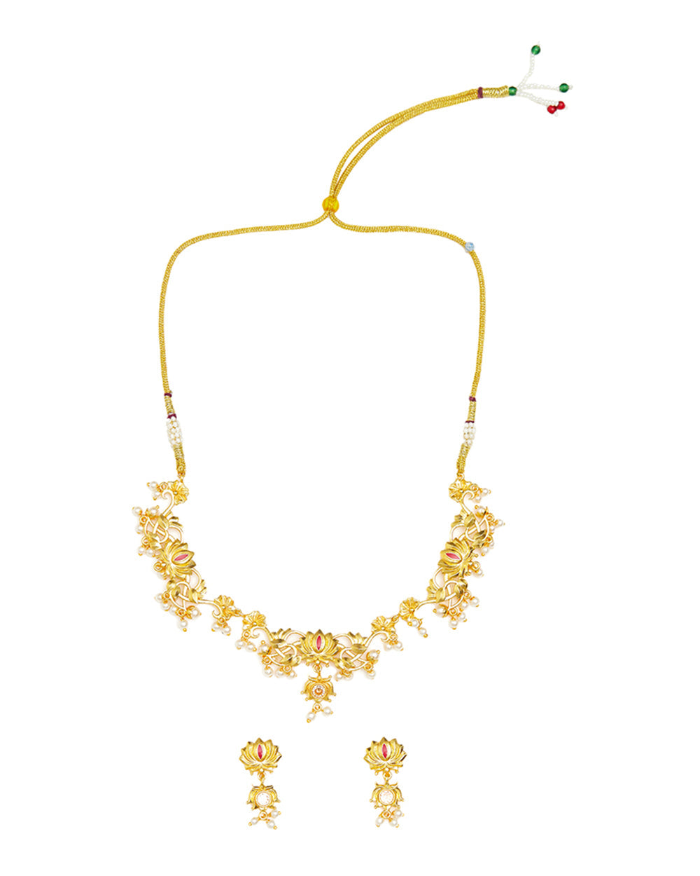 Women's Apsara Faux Pearls Adorned Brass Lotus Motifs Gold Plated Jewellery Set - Voylla