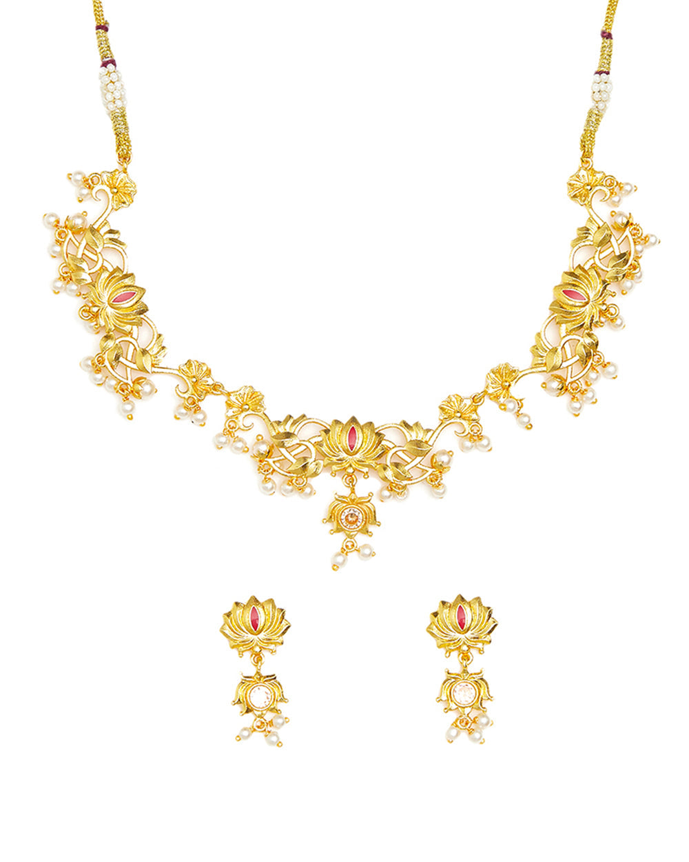 Women's Apsara Faux Pearls Adorned Brass Lotus Motifs Gold Plated Jewellery Set - Voylla