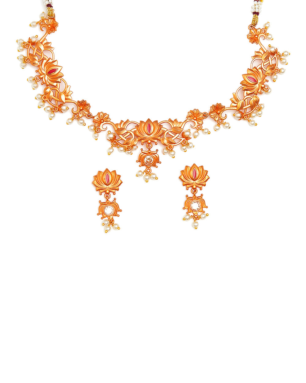 Women's Apsara Antique Inspired Lotus Motifs Brass Rose Gold Plated Jewellery Set - Voylla