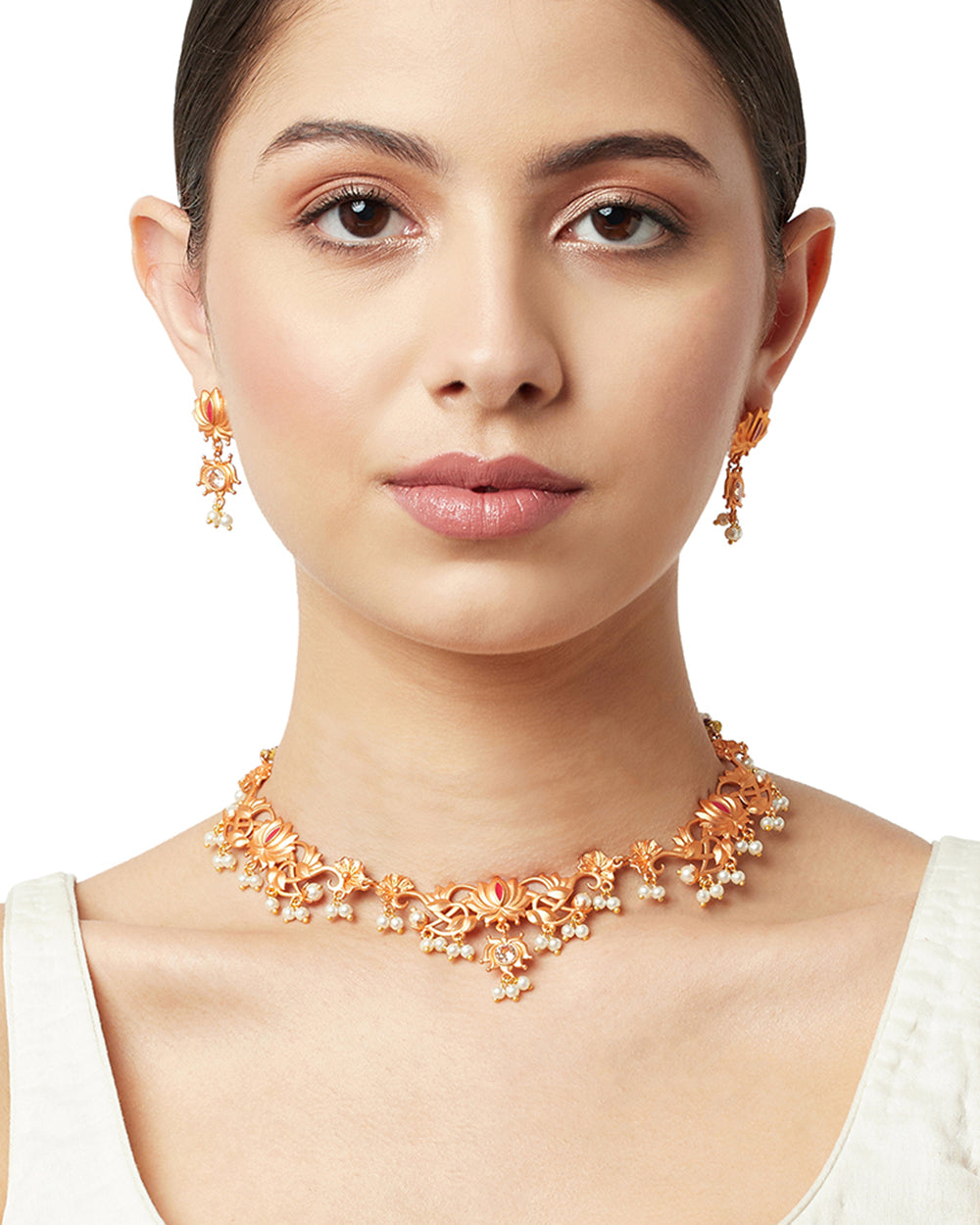 Women's Apsara Antique Inspired Lotus Motifs Brass Rose Gold Plated Jewellery Set - Voylla