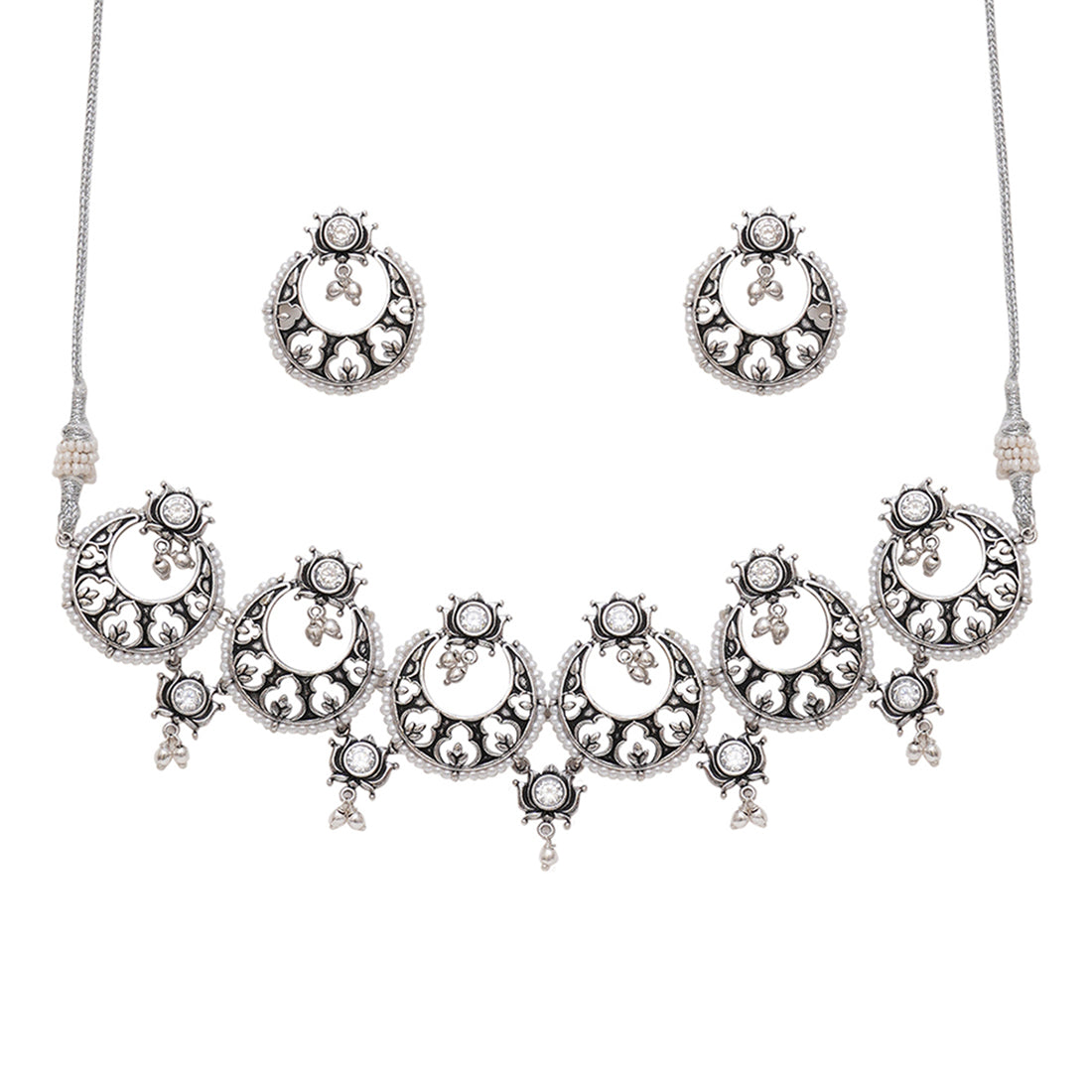 Women's Apsara Cresent Moon Silver Choker Necklace Set - Voylla