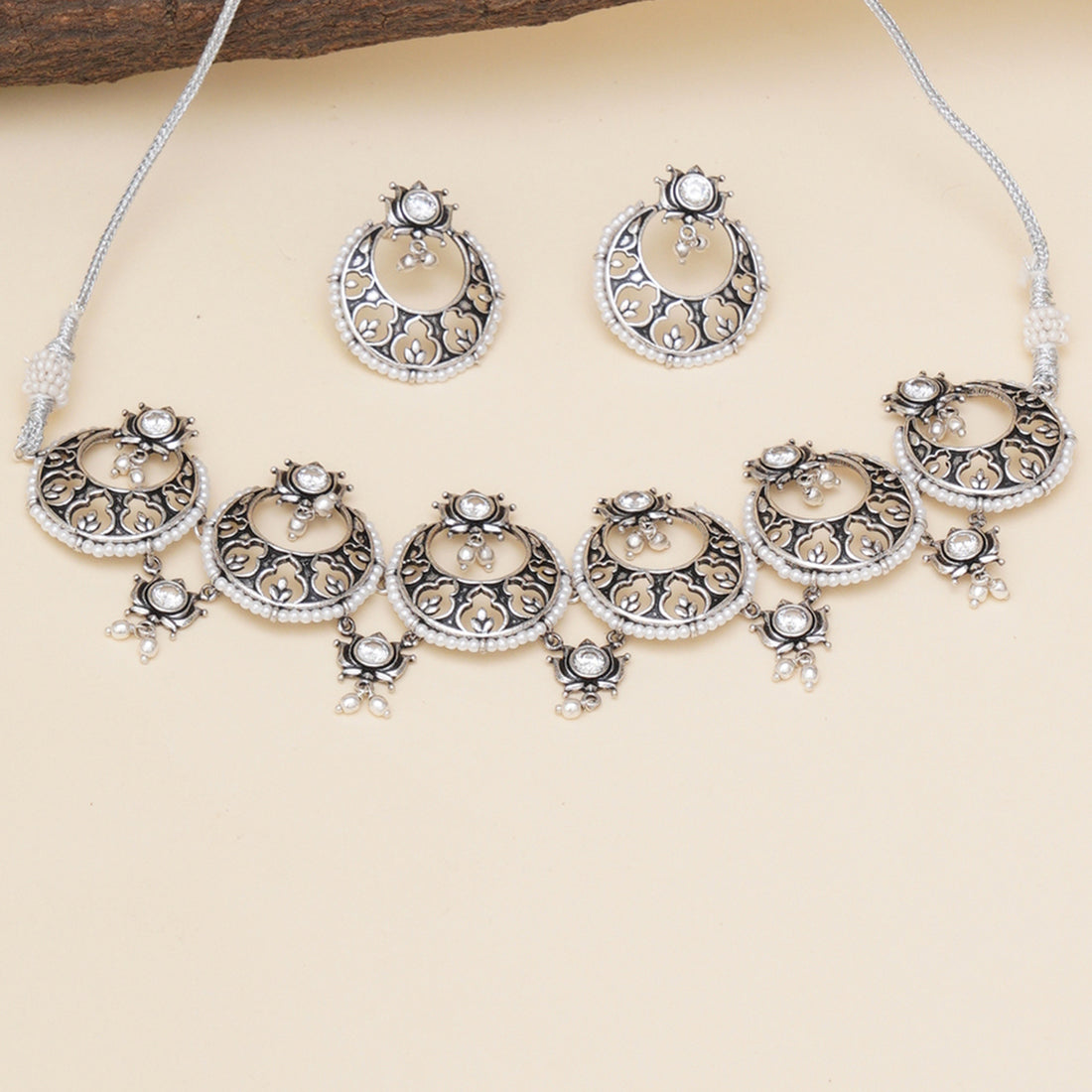 Women's Apsara Cresent Moon Silver Choker Necklace Set - Voylla