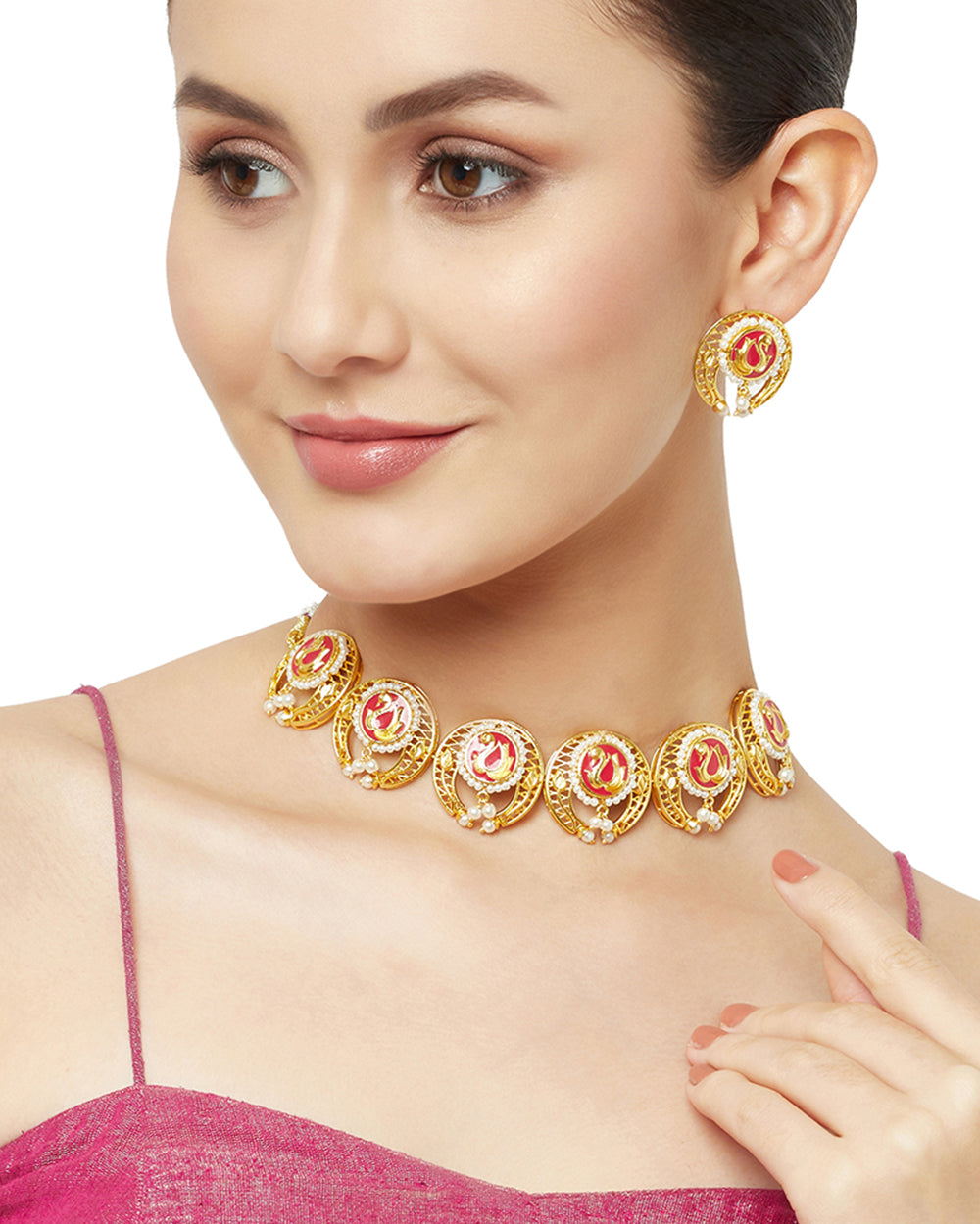 Women's Brass Dye Gold Plated Faux White Pearls Jewellery Set - Voylla
