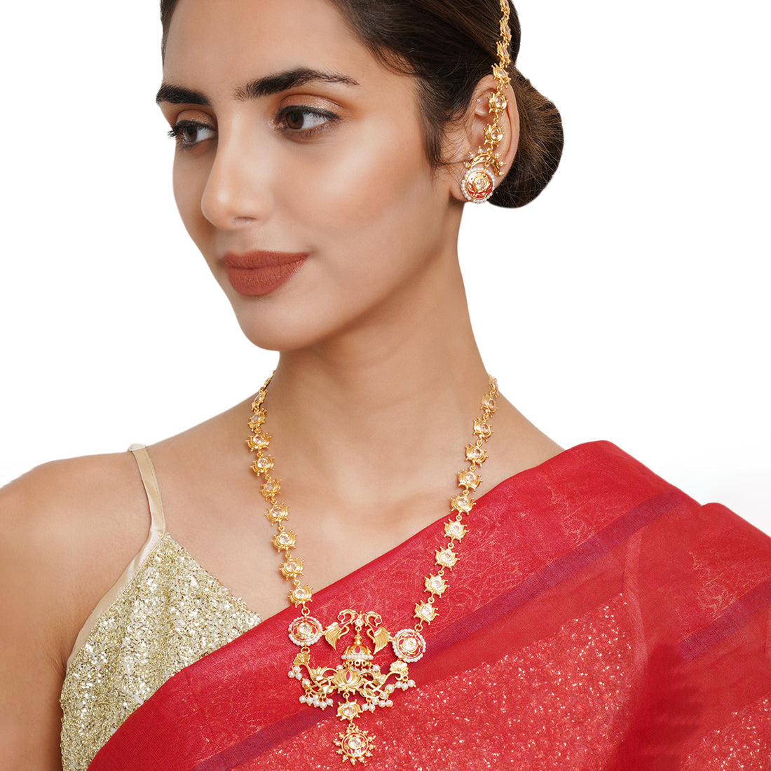 Women's Apsara Peacock And Lotus Design Enamelled Necklace Set - Voylla