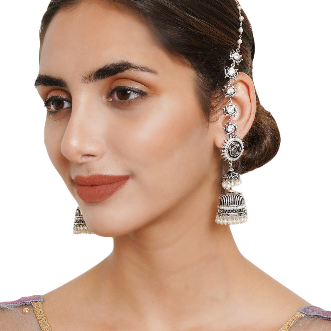 Women's Apsara Peacock And Floral Motifs Brass Silver Plated Sahara Earrings - Voylla