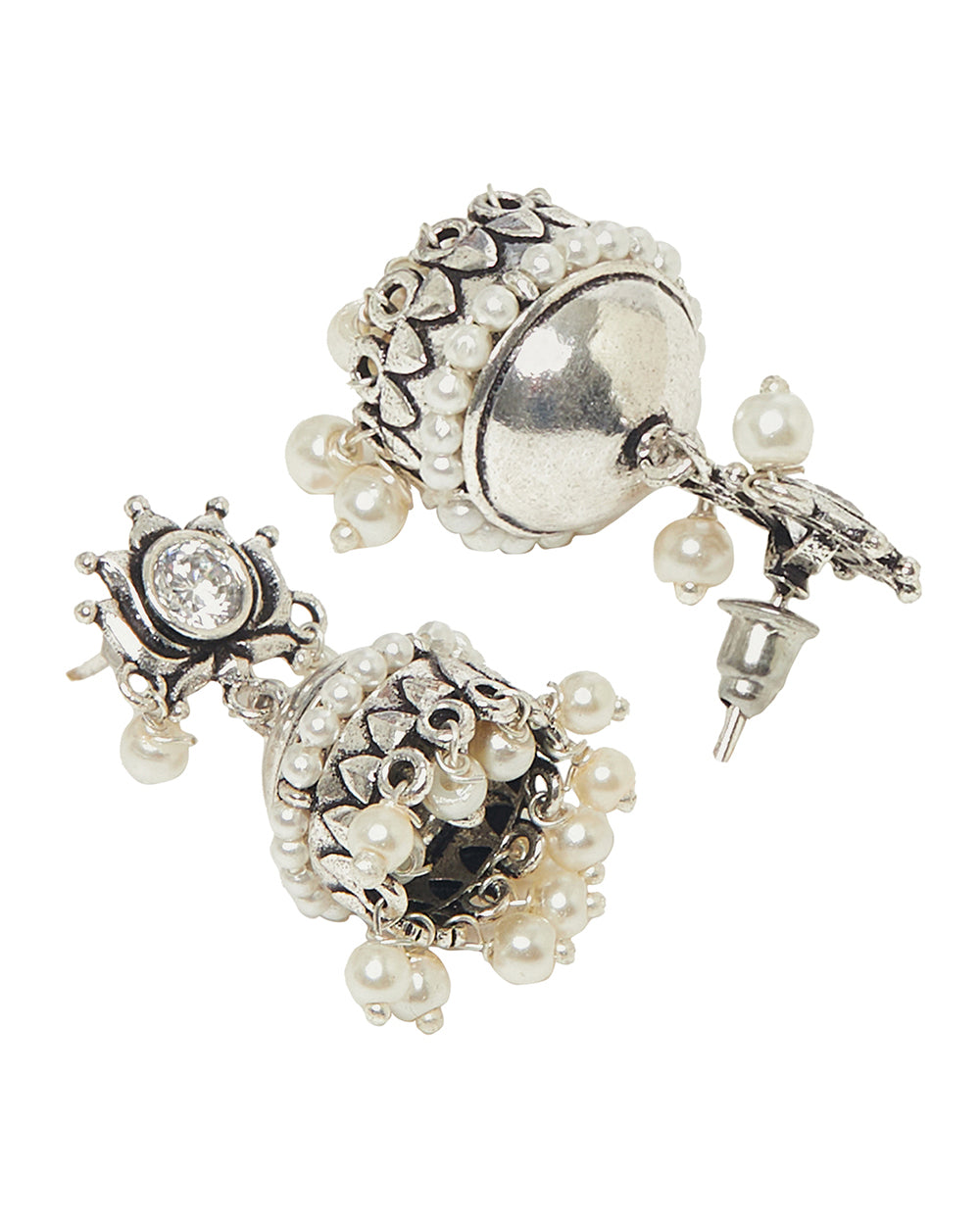 Women's Silver Plated Traditional Brass Faux Pearls Jhumka Earrings - Voylla