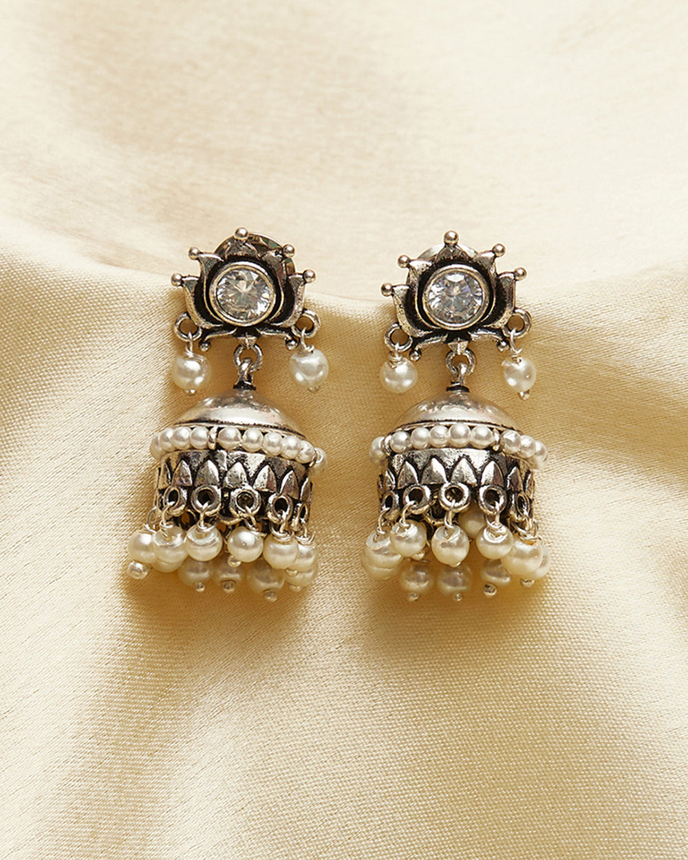 Women's Silver Plated Traditional Brass Faux Pearls Jhumka Earrings - Voylla