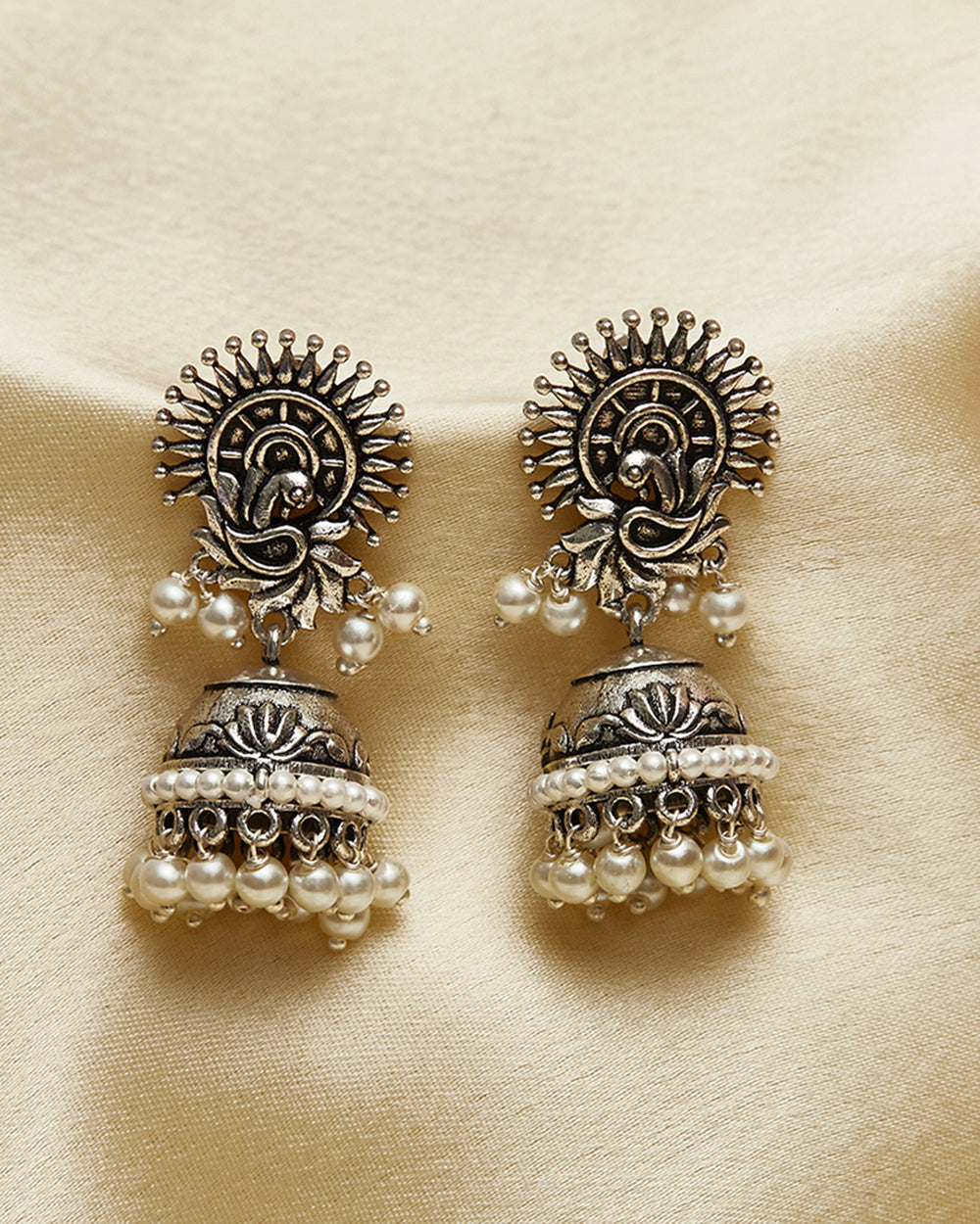Women's Faux Pearls Embellished Silver Toned Brass Jhumka Earrings - Voylla