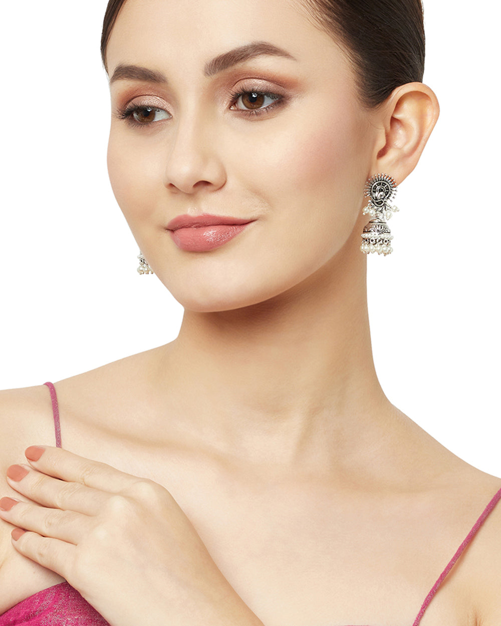 Women's Faux Pearls Embellished Silver Toned Brass Jhumka Earrings - Voylla
