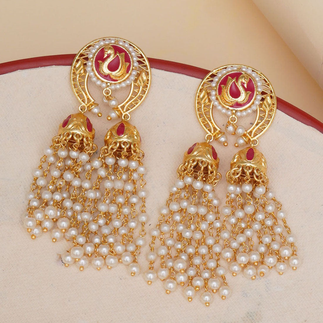 Women's Apsara Enamelled Faux Pearls Adorned Brass Gold Plated Drop Earrings - Voylla
