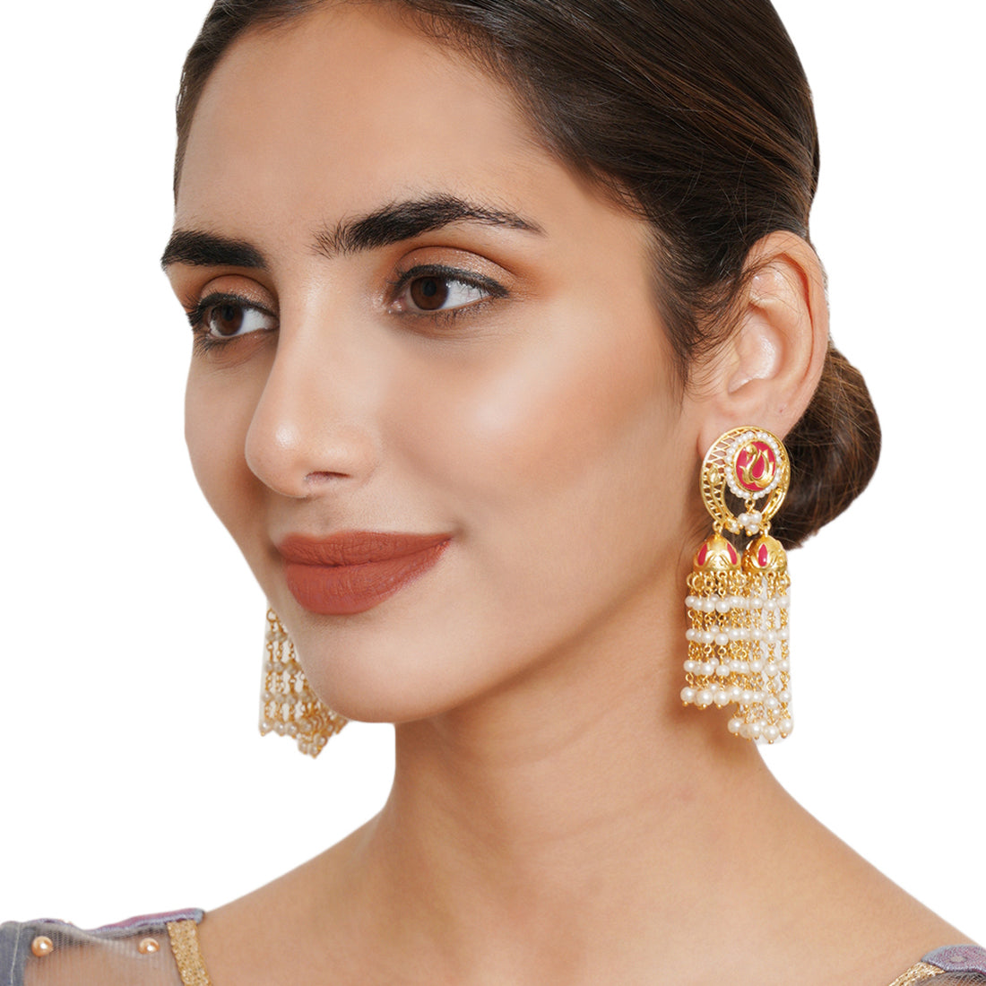 Women's Apsara Enamelled Faux Pearls Adorned Brass Gold Plated Drop Earrings - Voylla