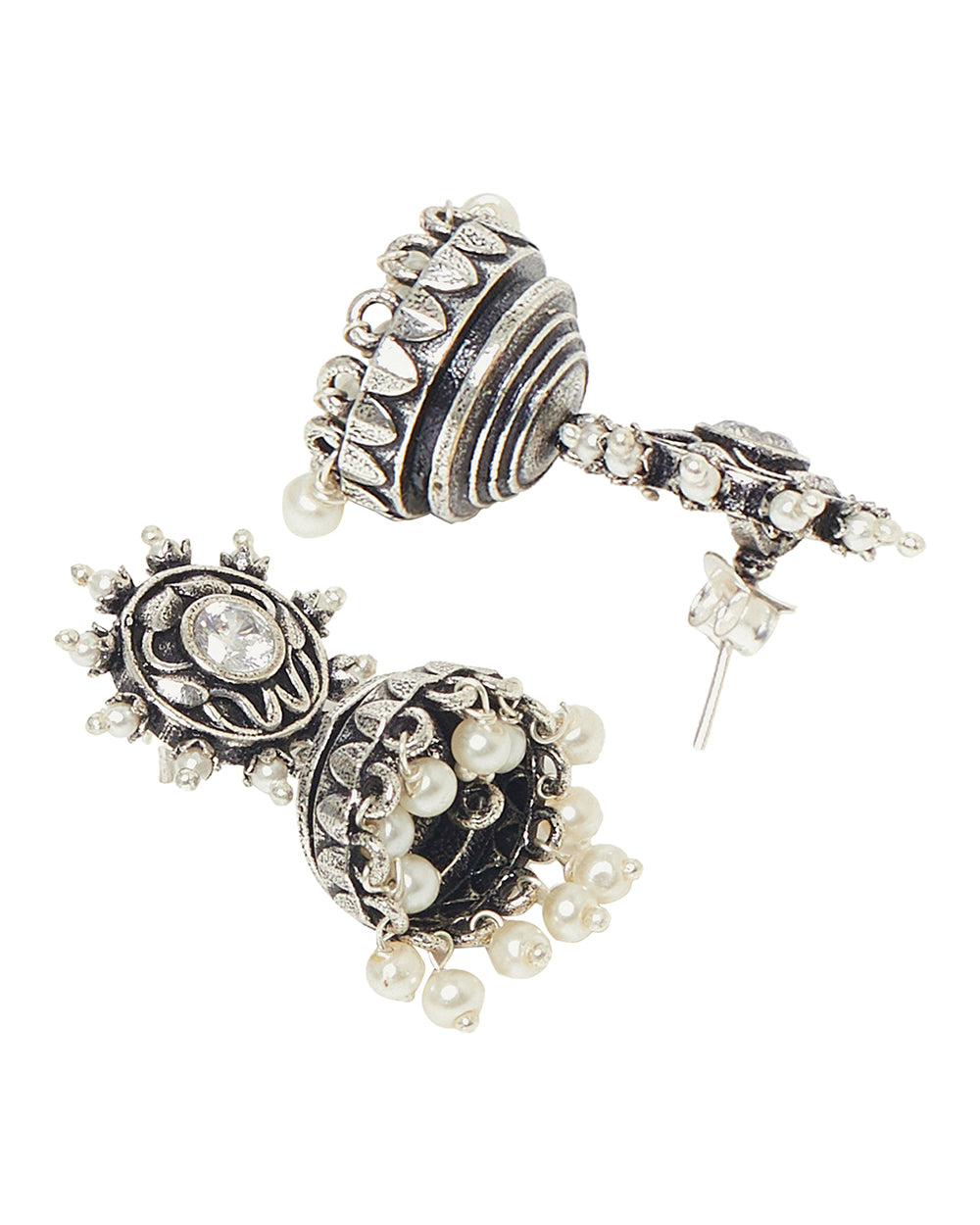 Women's Zircon And Faux Pearls Embellished Brass Silver Jhumka Earrings - Voylla