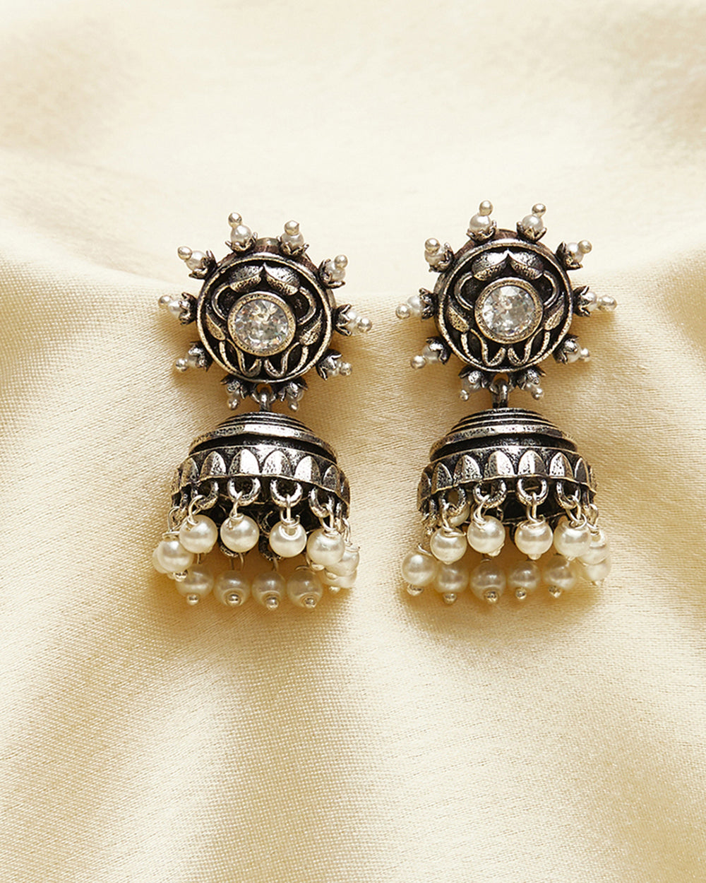 Women's Zircon And Faux Pearls Embellished Brass Silver Jhumka Earrings - Voylla