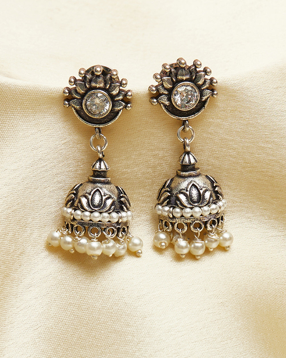 Women's Faux White Pearls Embellished Brass Silver Plated Jhumka Earrings - Voylla