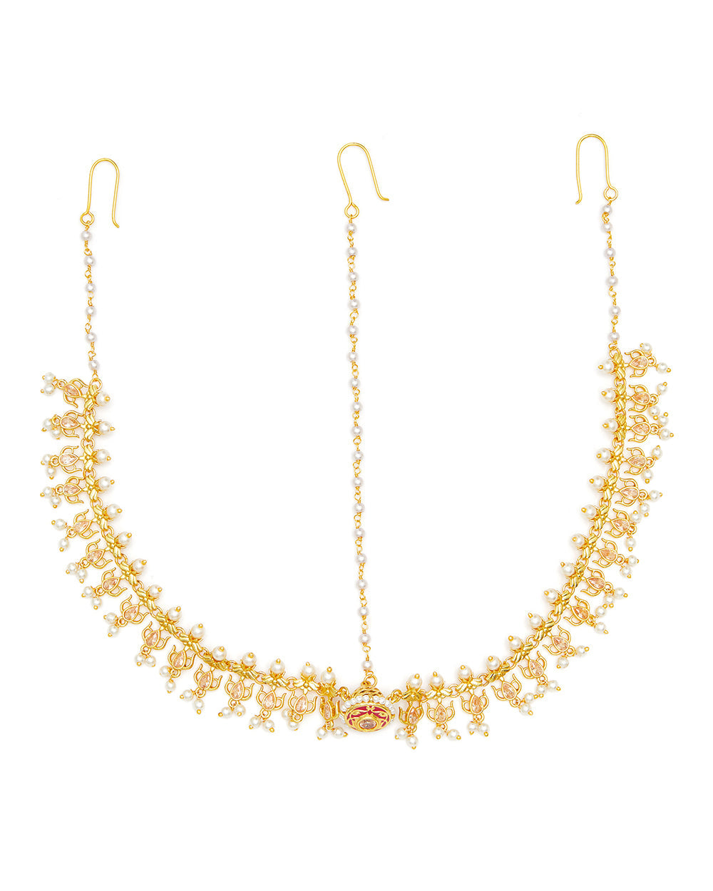 Women's Faux White Pearls Embellished Brass Gold Plated Matha Patti Maang Tika - Voylla