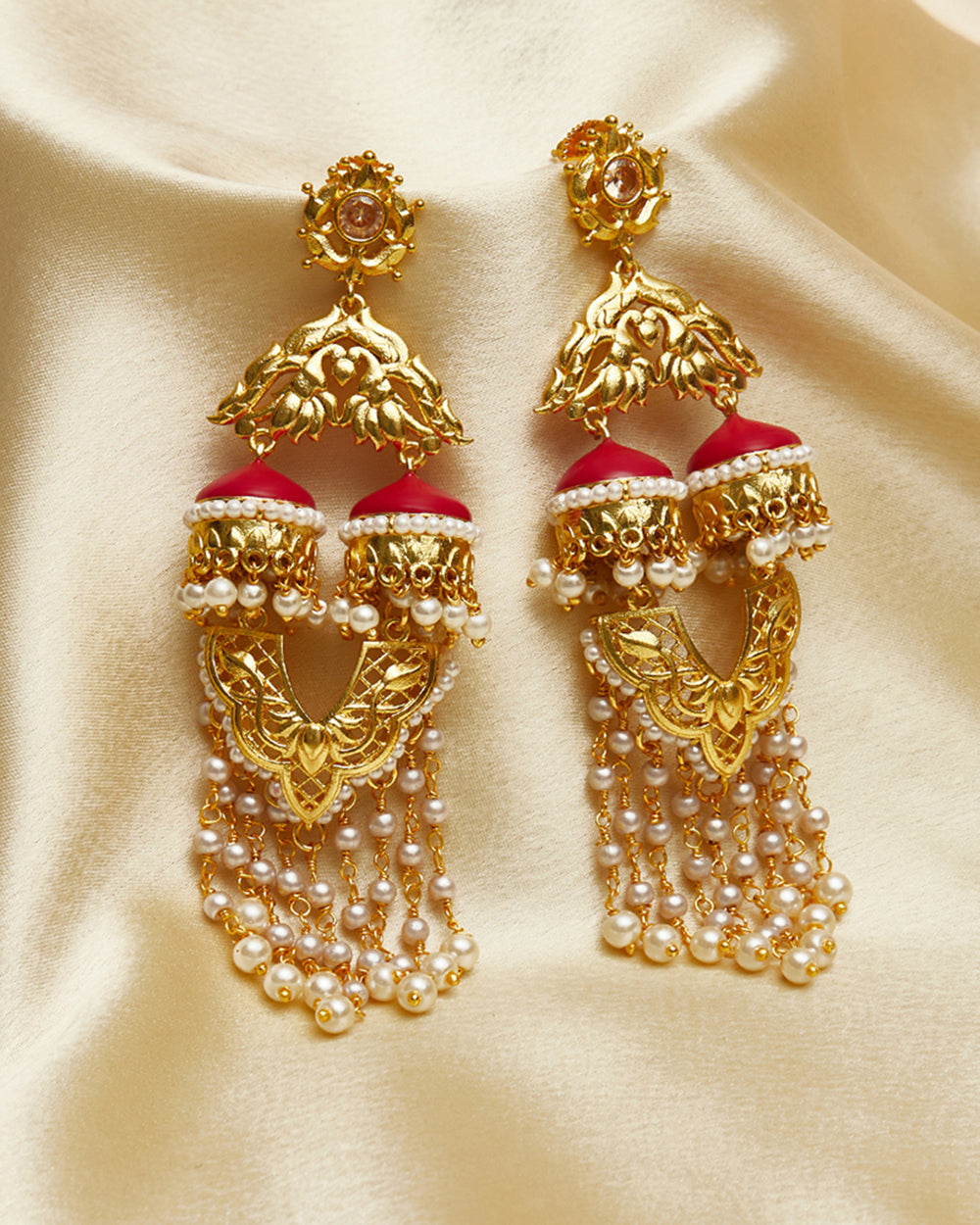 Women's Apsara Dye Gold Earrings With Red Jhumkis And Beaded Chains - Voylla