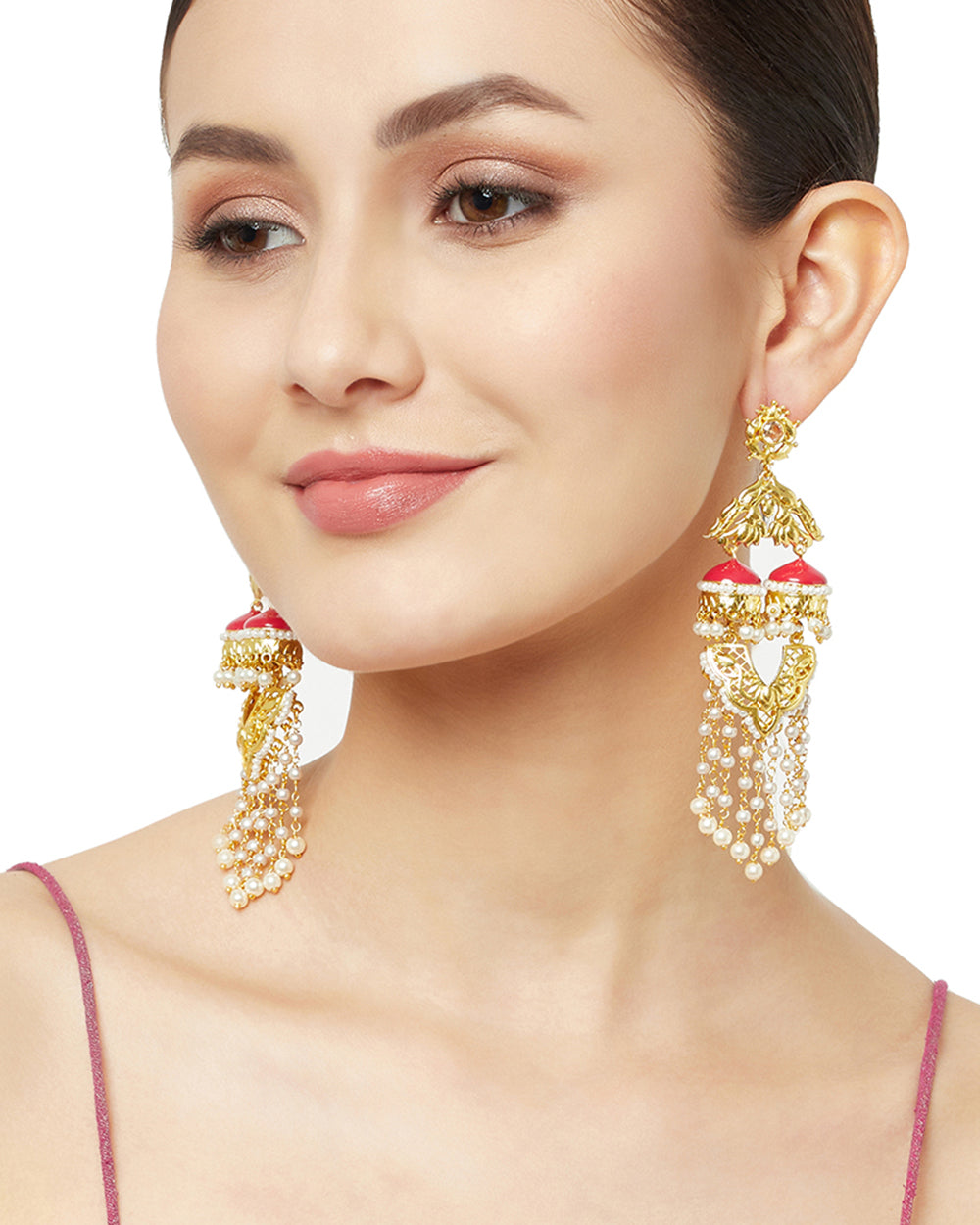 Women's Apsara Dye Gold Earrings With Red Jhumkis And Beaded Chains - Voylla