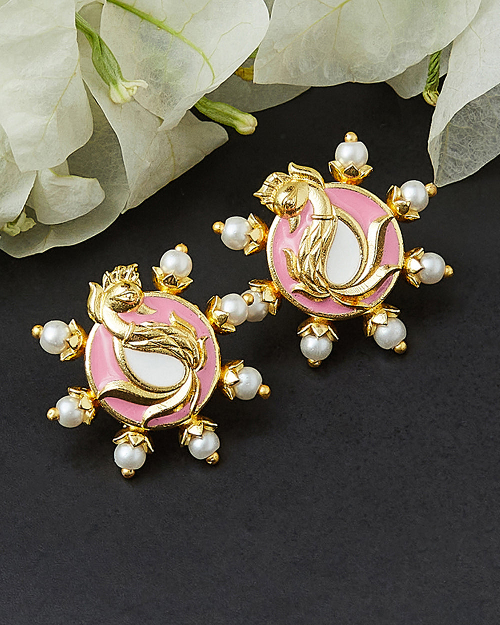Women's Shwet Kamal Pink Enamel Faux Kundan And Pearls Adorned Gold Plated Stud Earrings - Voylla