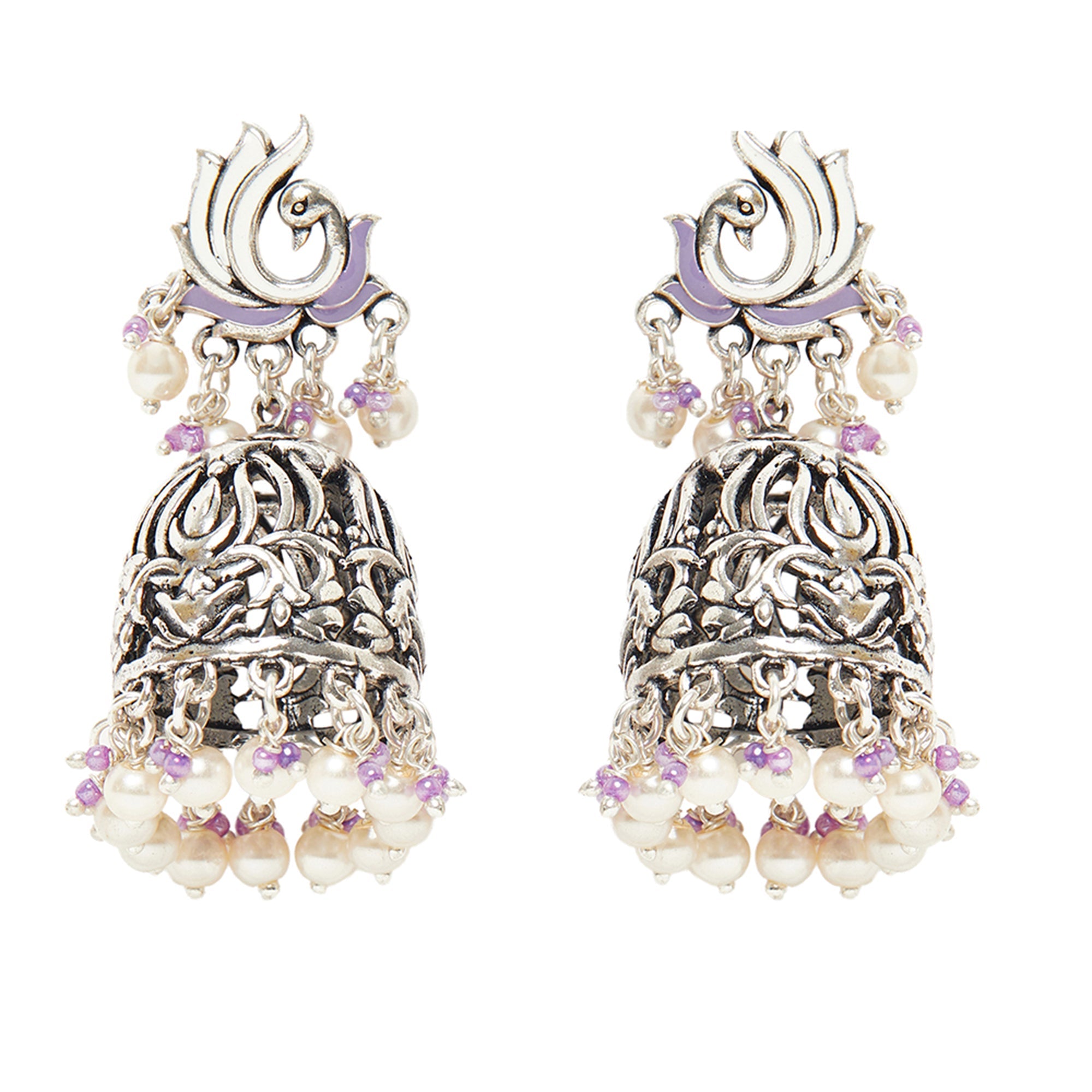 Women's Filigree Design Silver Toned Round Faux Pearls Jewellery Set - Voylla