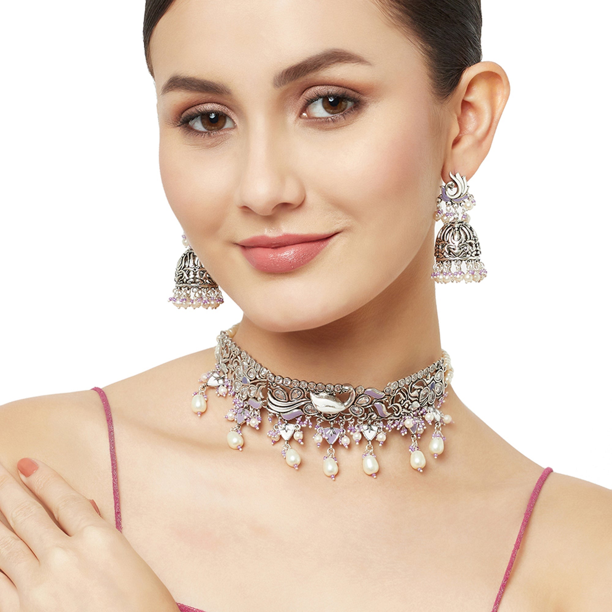 Women's Filigree Design Silver Toned Round Faux Pearls Jewellery Set - Voylla