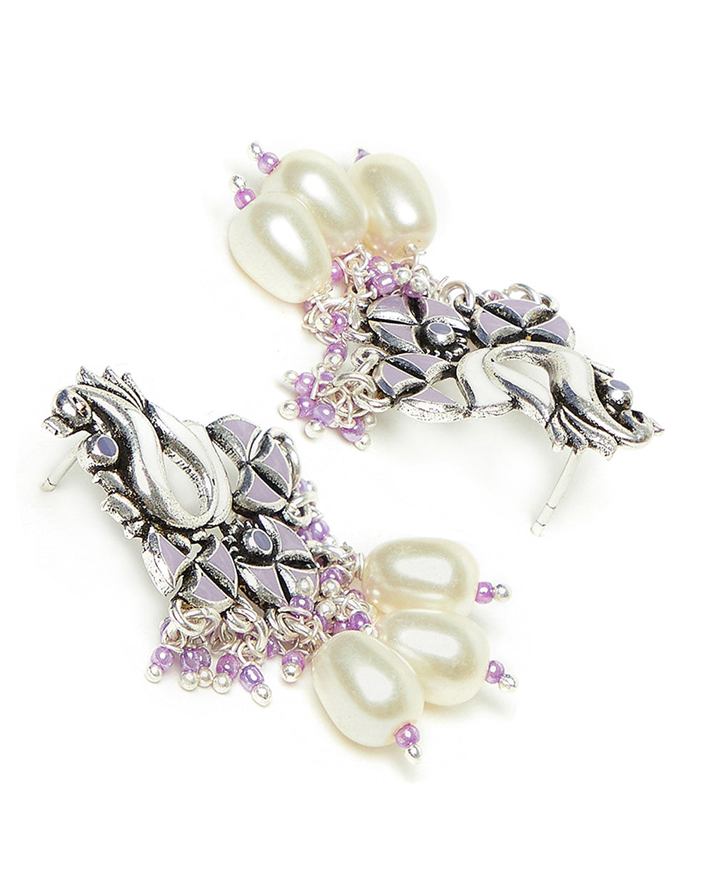 Women's Shwet Kamal Teardrop Faux Pearls Enamelled Silver Plated Earrings - Voylla