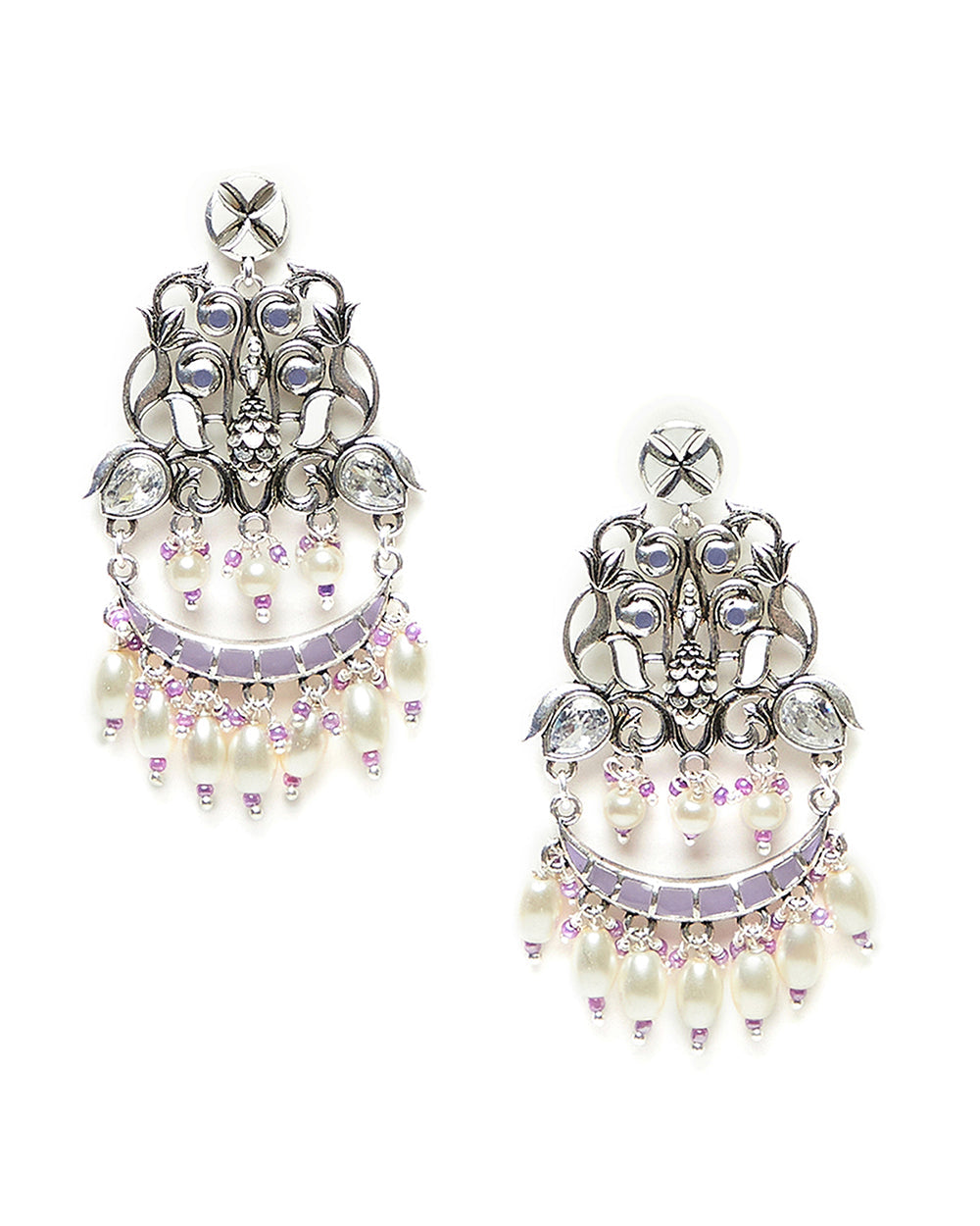 Women's Shwet Kamal Filigree Pattern Faux Pearls Adorned Silver Plated Drop Earrings - Voylla