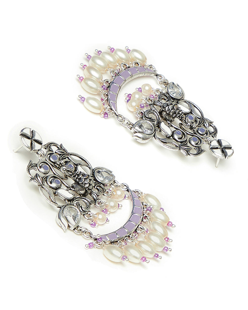 Women's Shwet Kamal Filigree Pattern Faux Pearls Adorned Silver Plated Drop Earrings - Voylla