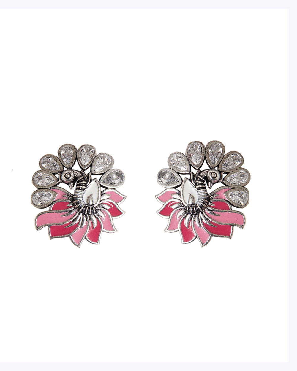 Women's Shwet Kamal Peacock Motif Pink Enamelled Silver Plated Earrings - Voylla