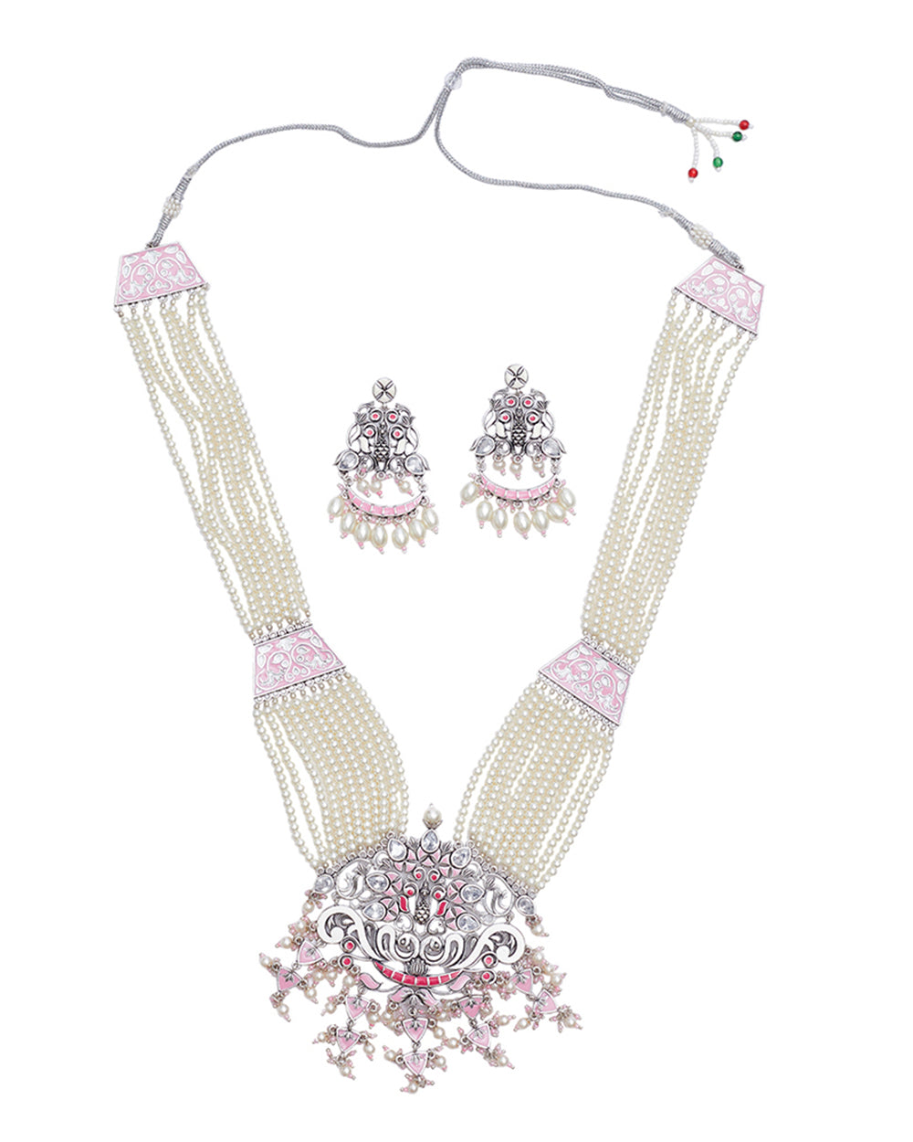 Women's Shwet Kamal Enamel Details Faux Pearls And Kundan Silver Plated Jewellery Set - Voylla