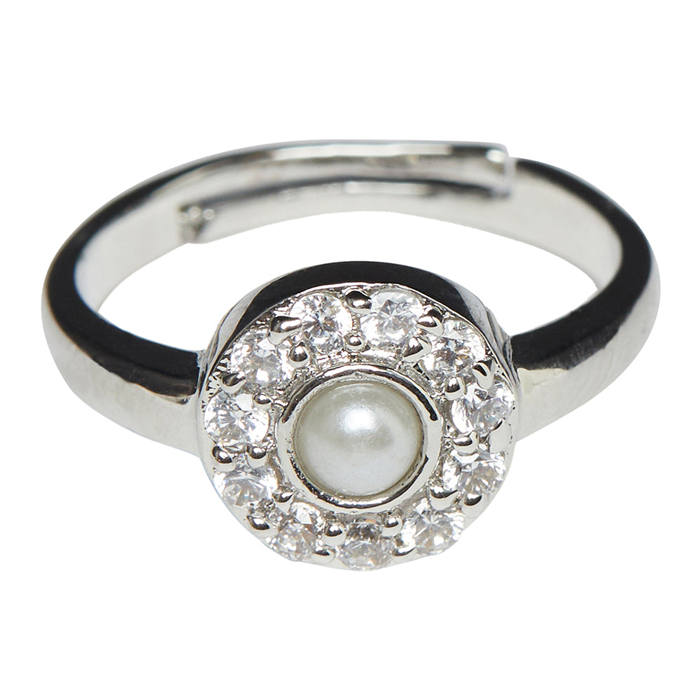 Women's Ajustable Silver Plated Faux Pearl And Cz Adorned Ring - Voylla