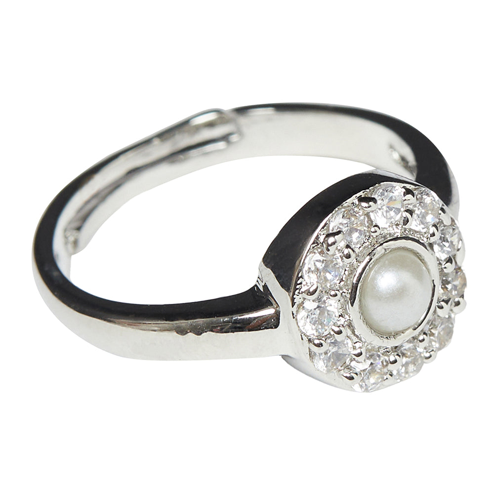 Women's Ajustable Silver Plated Faux Pearl And Cz Adorned Ring - Voylla