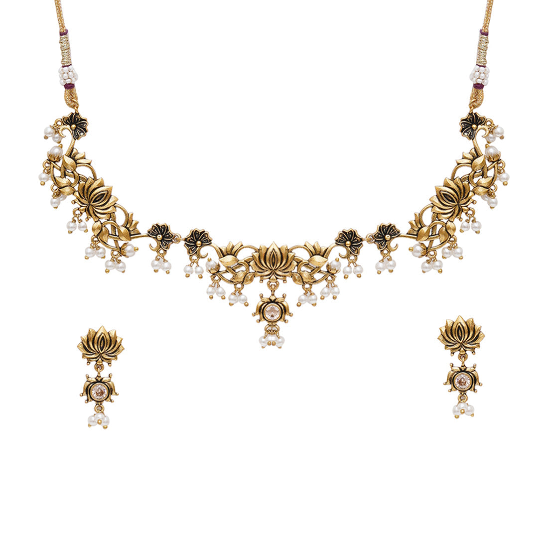 Women's Apsara Lotus Motif Filigree Gold Plated Brass Jewellery Set - Voylla