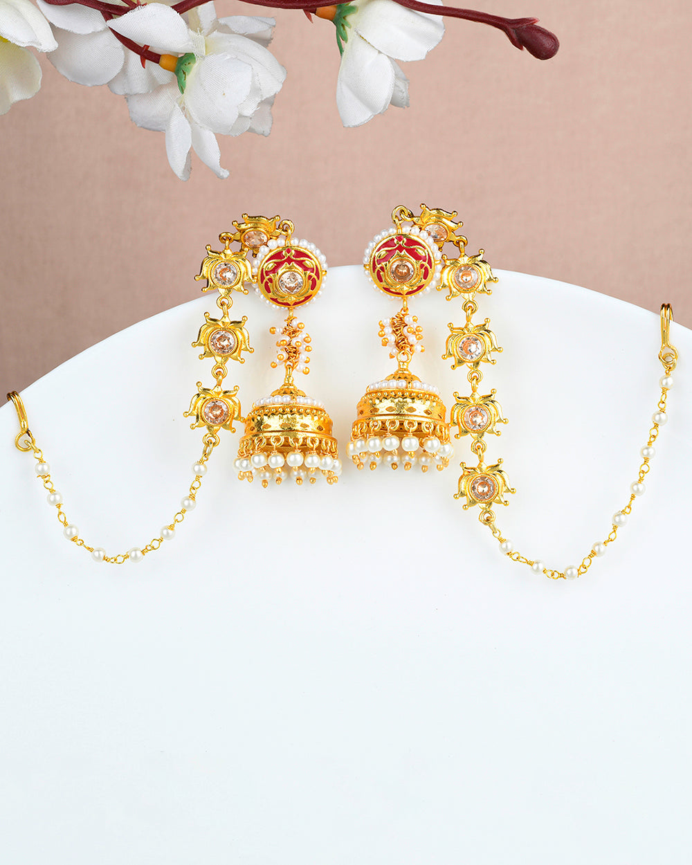 Women's Apsara Pearl Beads Enamelled Chain Earrings - Voylla