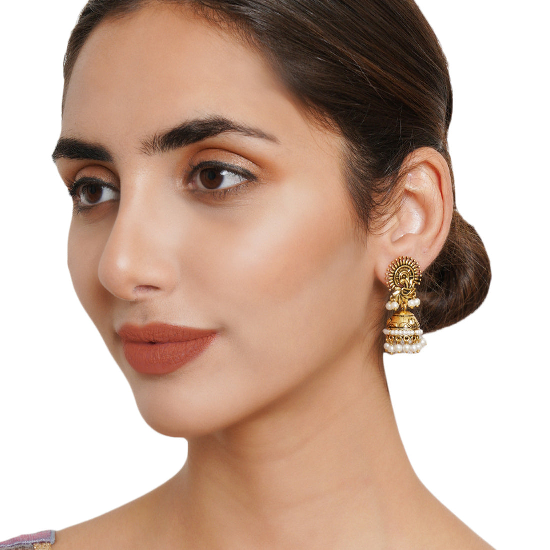 Women's Apsara Faux Pearls Adorned Gold Plated Brass Jhumka Earrings - Voylla