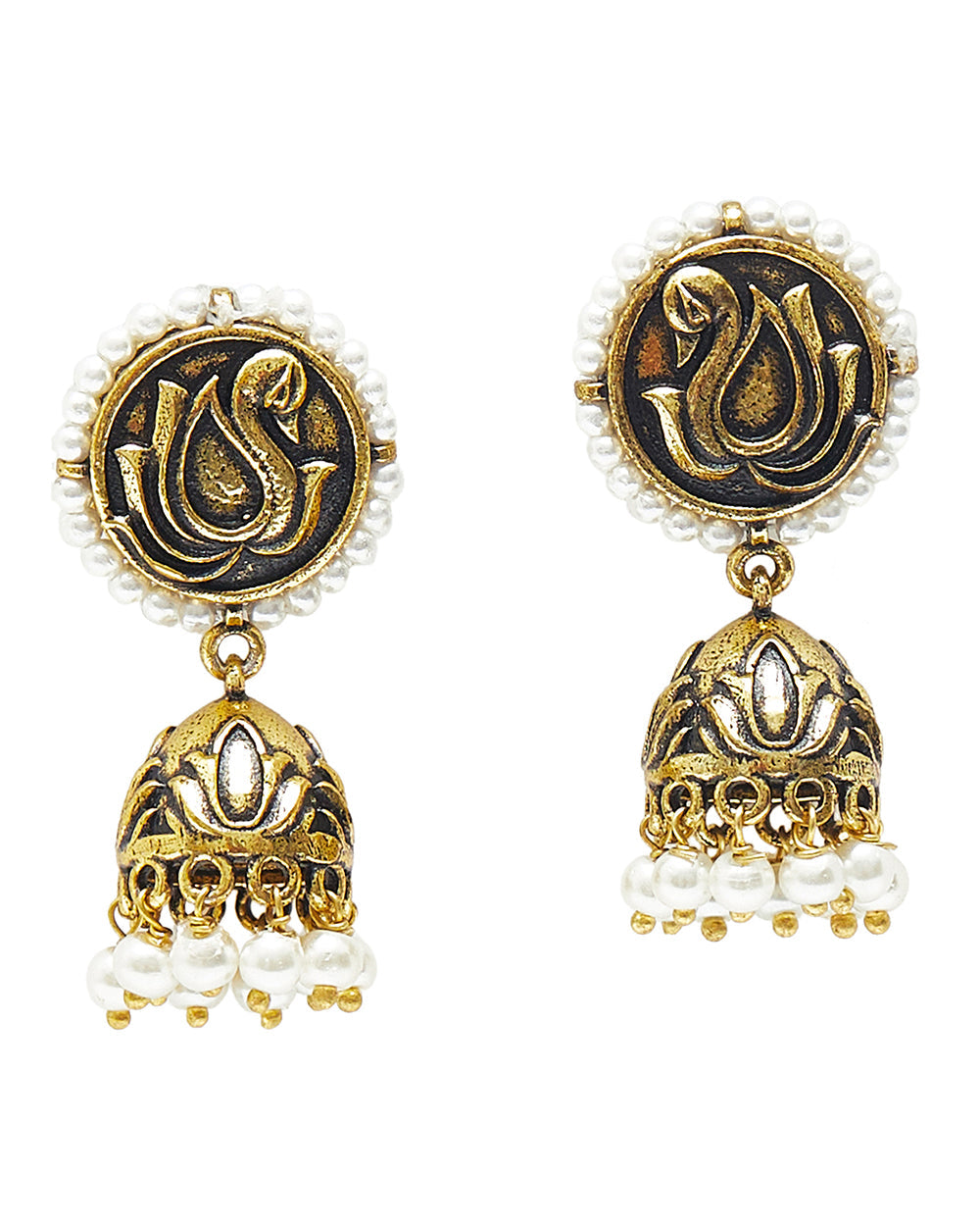 Women's Apsara Antique Inspired Peacock Motif Brass Gold Plated Jhumka Earrings - Voylla